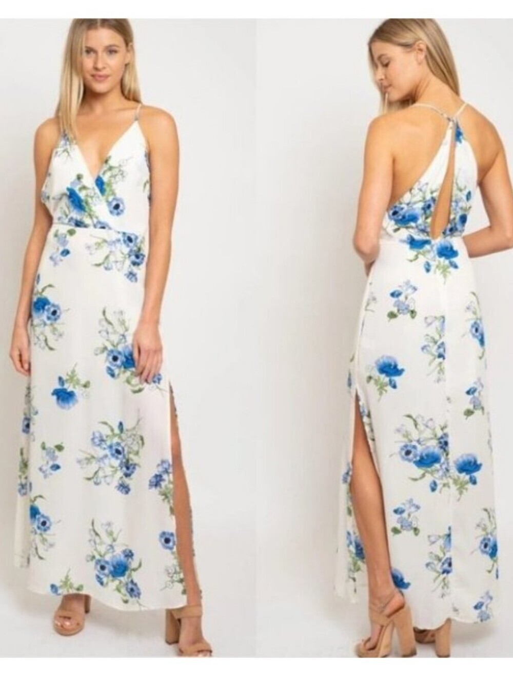 Lush White Maxi Dress with Blue Floral Print